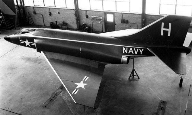 The mockup of the McDonnell F3H-G, which formed the basis for the F4H Phantom II. Note the completely horizontal wingtips and tailplane. (US Navy)